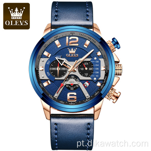 OLEVS 9915 moda casual luxo relógios esportivos para homens relógio de pulso de couro azul à prova d&#39;água para homem relógio liga cronógrafo quartzo
